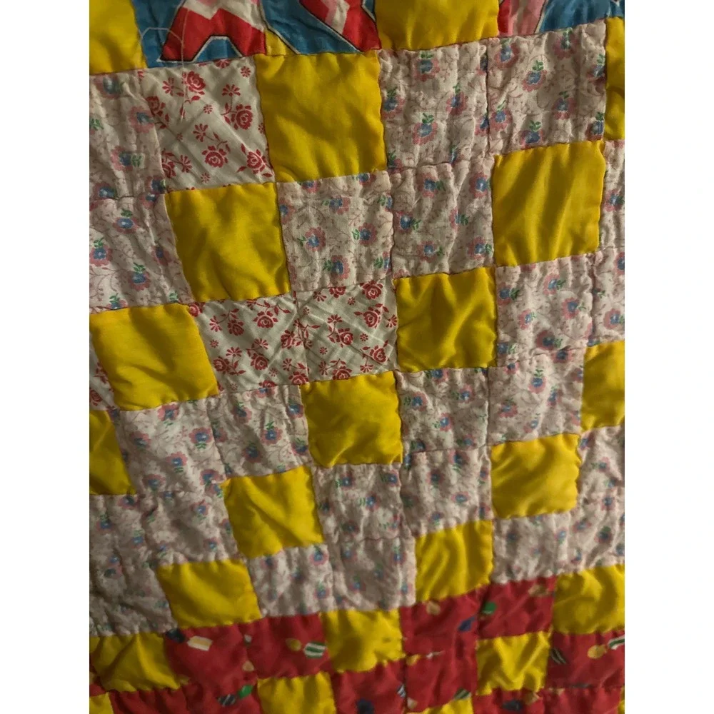 Vintage Handmade 80s 90s Patchwork Quilt Floral Geometric Print Multi Color